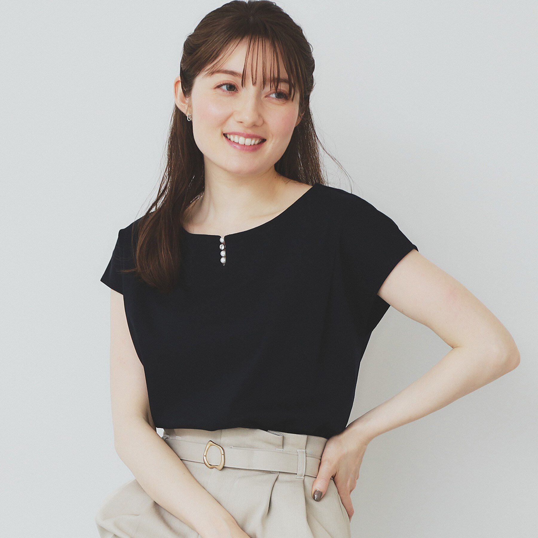 index「《6色展開／XS-3サイズ》キーネックビジュートップス【UV／接触冷感／洗濯機洗い可】」|Tシャツ・カットソー|