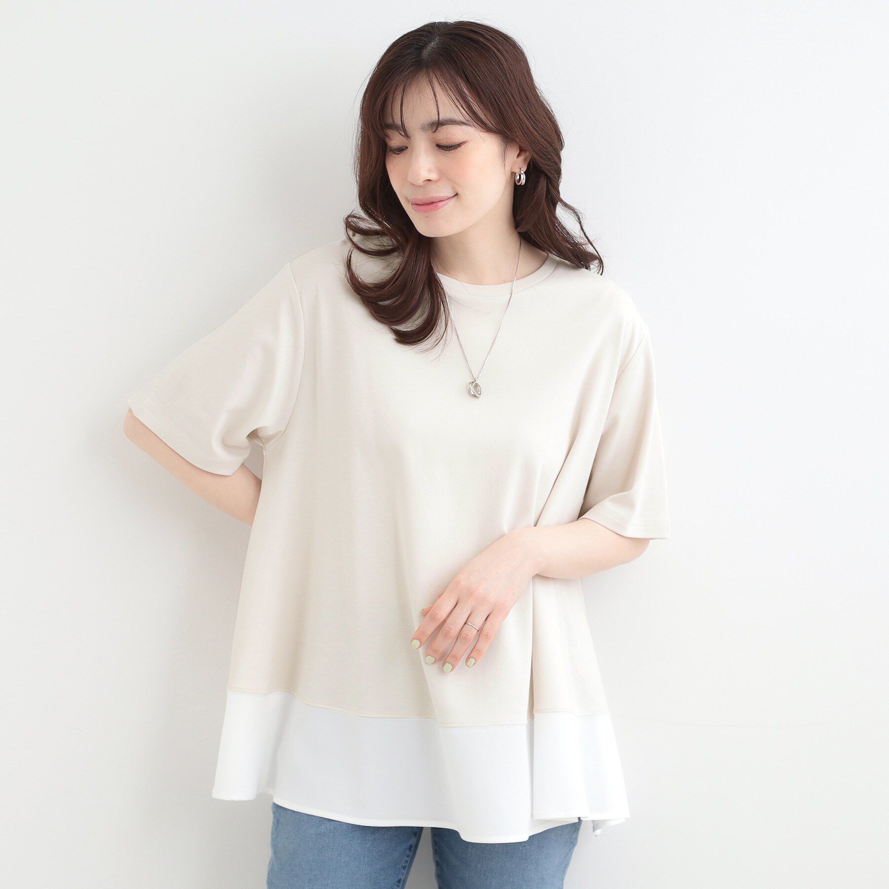 SHOO･LA･RUE「【ひんやり/UV/抗菌防臭】体型カバーも叶う　裾切り替えAライントップス」|Tシャツ・カットソー|