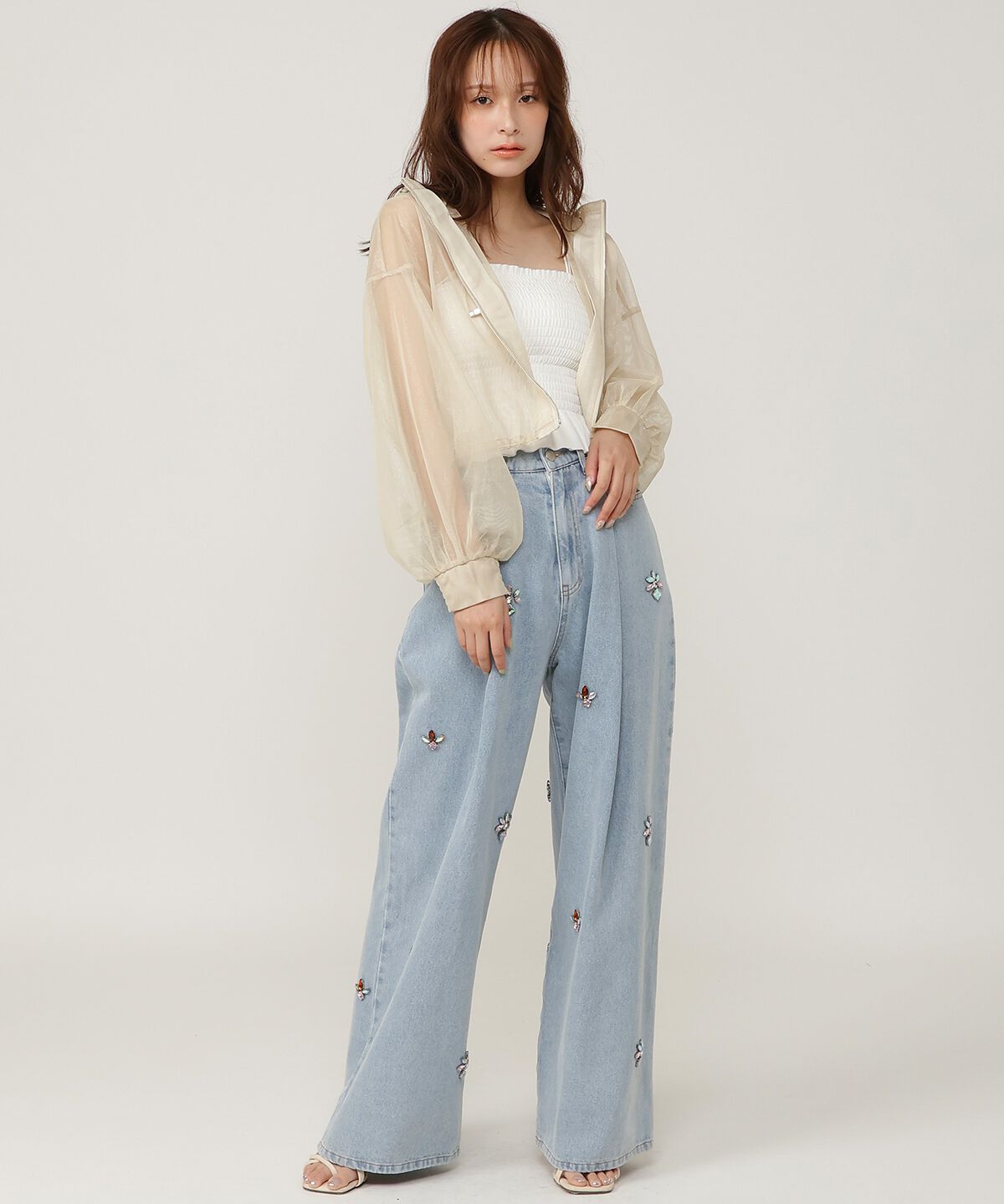 アンドクチュール「ビジュータックデニムパンツ」|デニム|ブルー