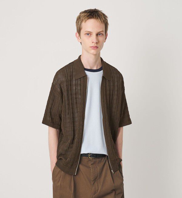 BEAUTY&YOUTH UNITED ARROWS「ジャガード フルジップ ショートスリーブ ポロニット ウォッシャブル」|カーディガン|DK.BROWN