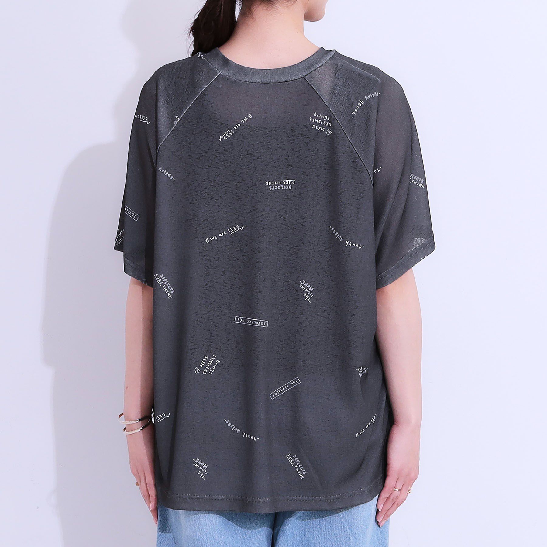 SHOO･LA･RUE「【洗える/S-LL】ゆるっとこなれ見え 総柄プリント シアーTシャツ」|Tシャツ・カットソー|