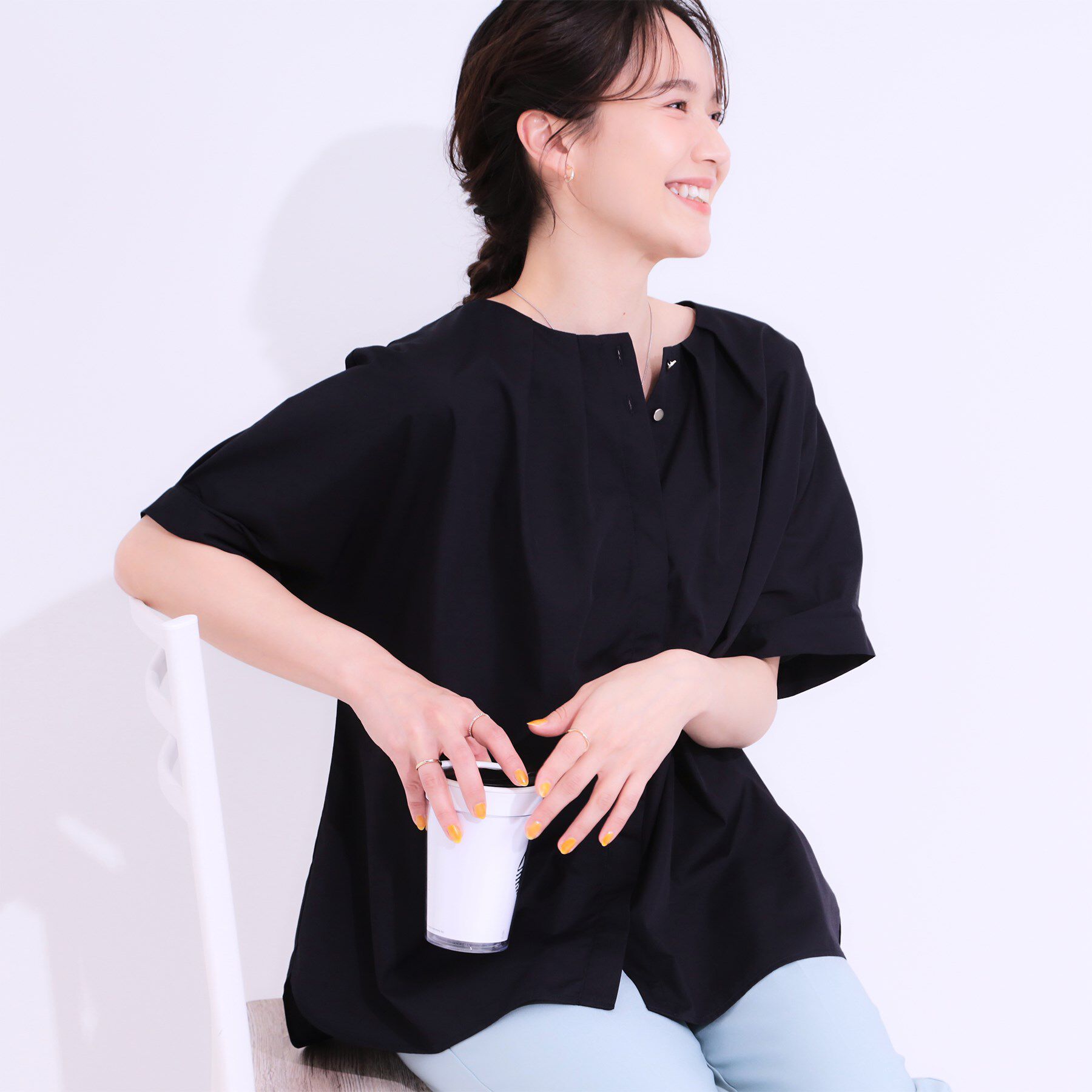 SHOO･LA･RUE「【洗える/S-LL】大人の上品シルエット タックデザイン 5分袖ブラウス」|シャツ・ブラウス|ネイビー(094)