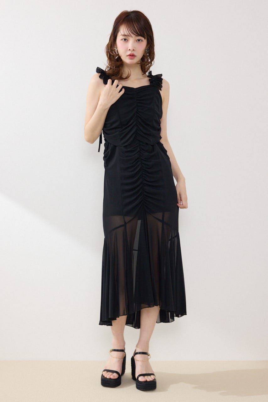 rienda「メッシュマーメイドギャザーワンピース」|ワンピース|BLK