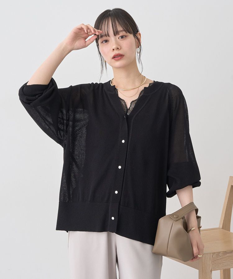 earth music&ecology「【接触冷感】キーネックシアーカーディガン」|カーディガン|Black