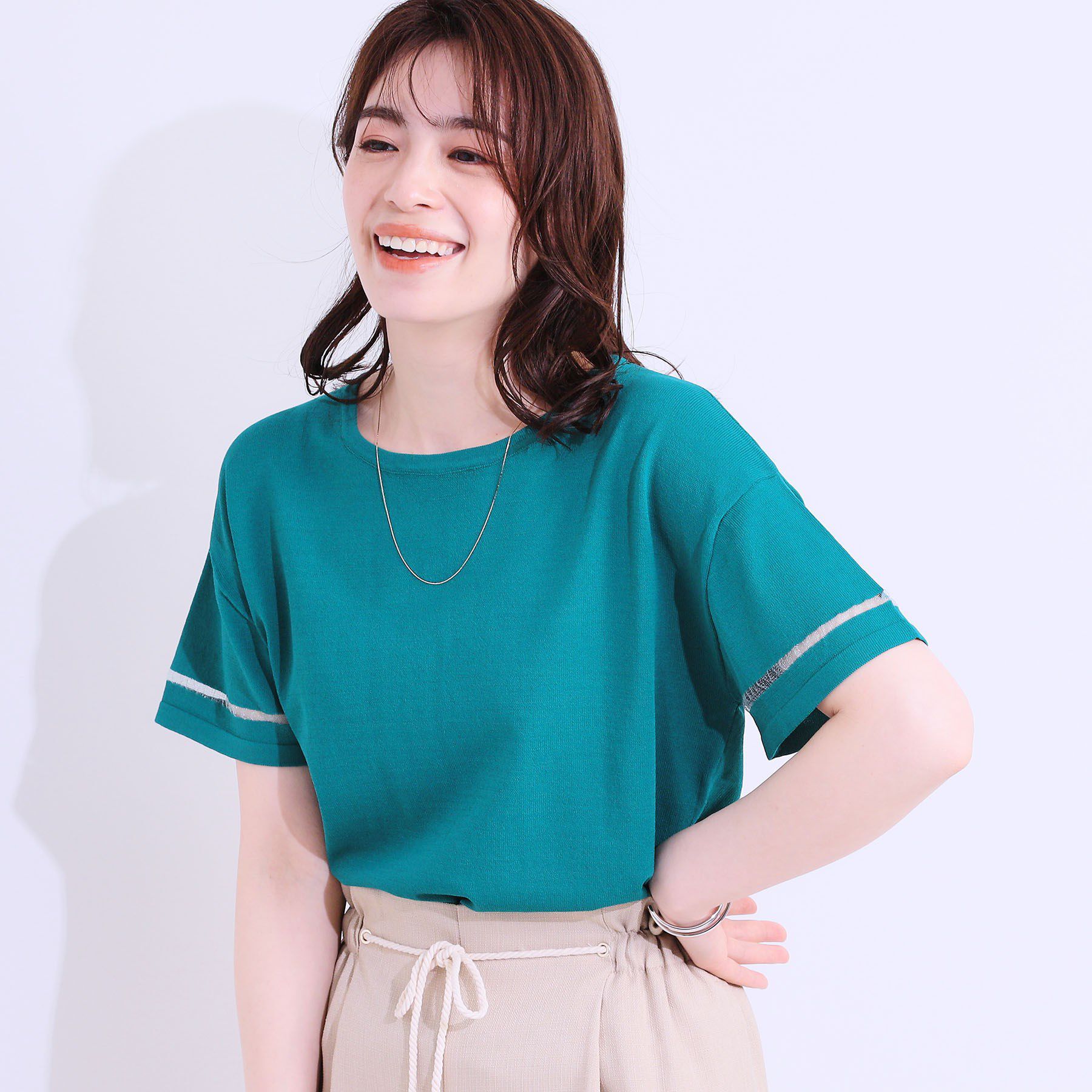 SHOO･LA･RUE「【S-LL/洗える/UV】お袖シアーでヘルシーに フレアスリーブサマーニット」|ニット・セーター|ブルーグリーン(09