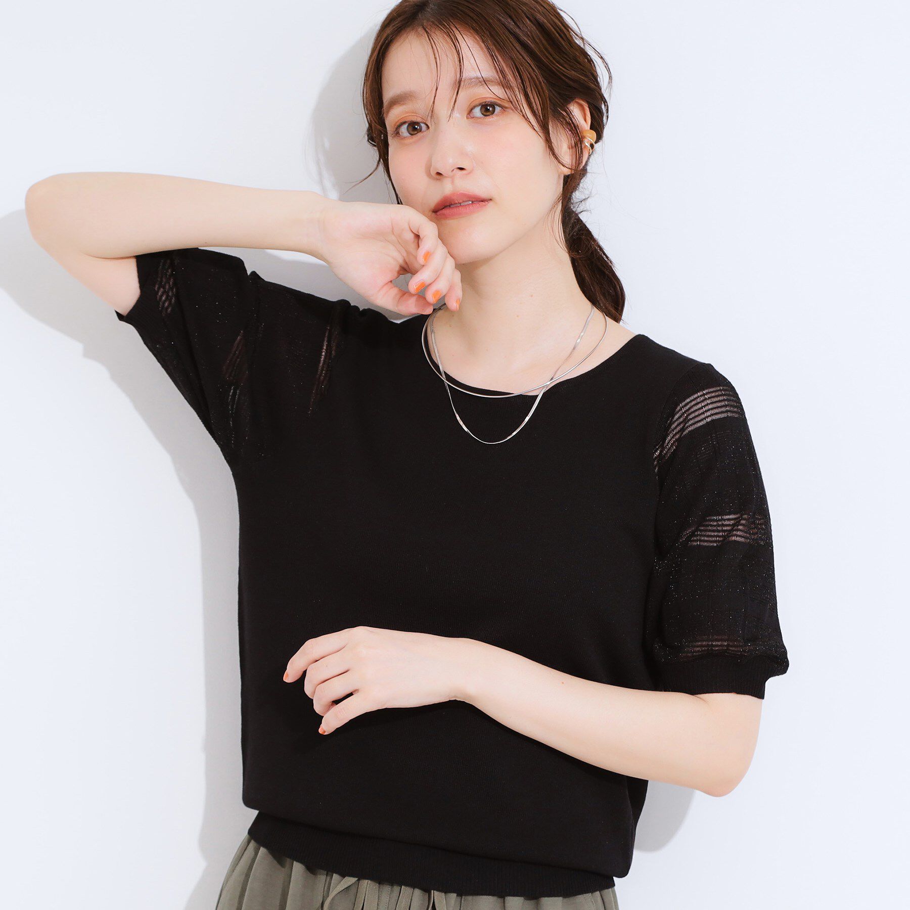 SHOO･LA･RUE「【S-LL】大人上品な お袖シアー切り替えニット」|ニット・セーター|ブラック(019)