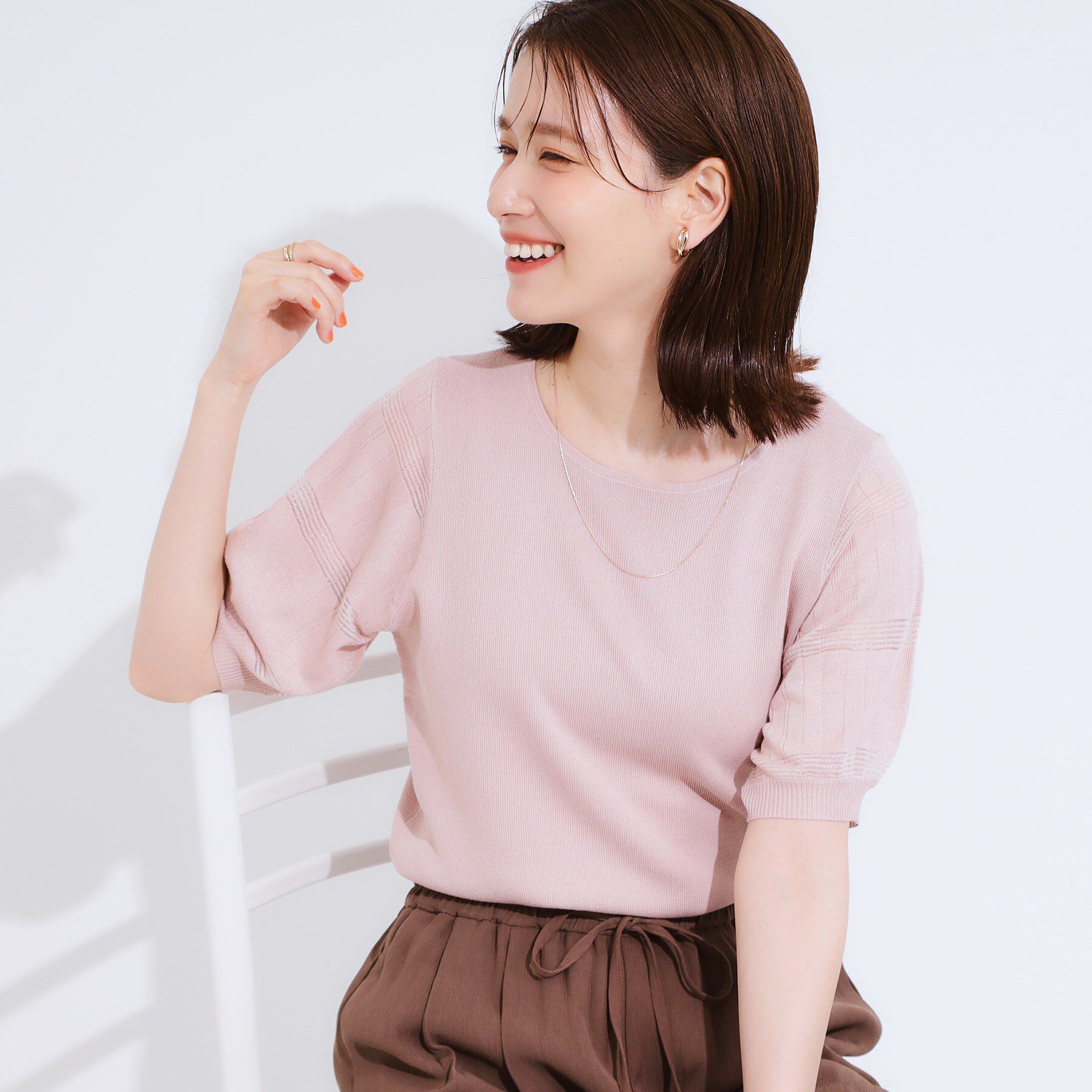 SHOO･LA･RUE「【S-LL】大人上品な お袖シアー切り替えニット」|ニット・セーター|ライトピンク(070