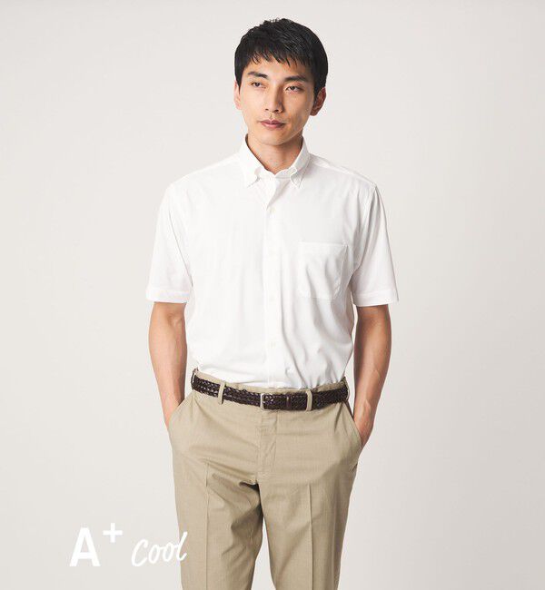 UNITED ARROWS green label relaxing「A+ COOL Pトリコット シャドーストライプ スタンダード ボタンダウン 半袖 ドレスシャツ -ストレッチ・イー」|シャツ・ブラウス|WHITE