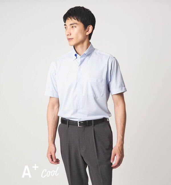 UNITED ARROWS green label relaxing「A+ COOL Pトリコット シャドーストライプ スタンダード ボタンダウン 半袖 ドレスシャツ -ストレッチ・イー」|シャツ・ブラウス|LT.BLUE