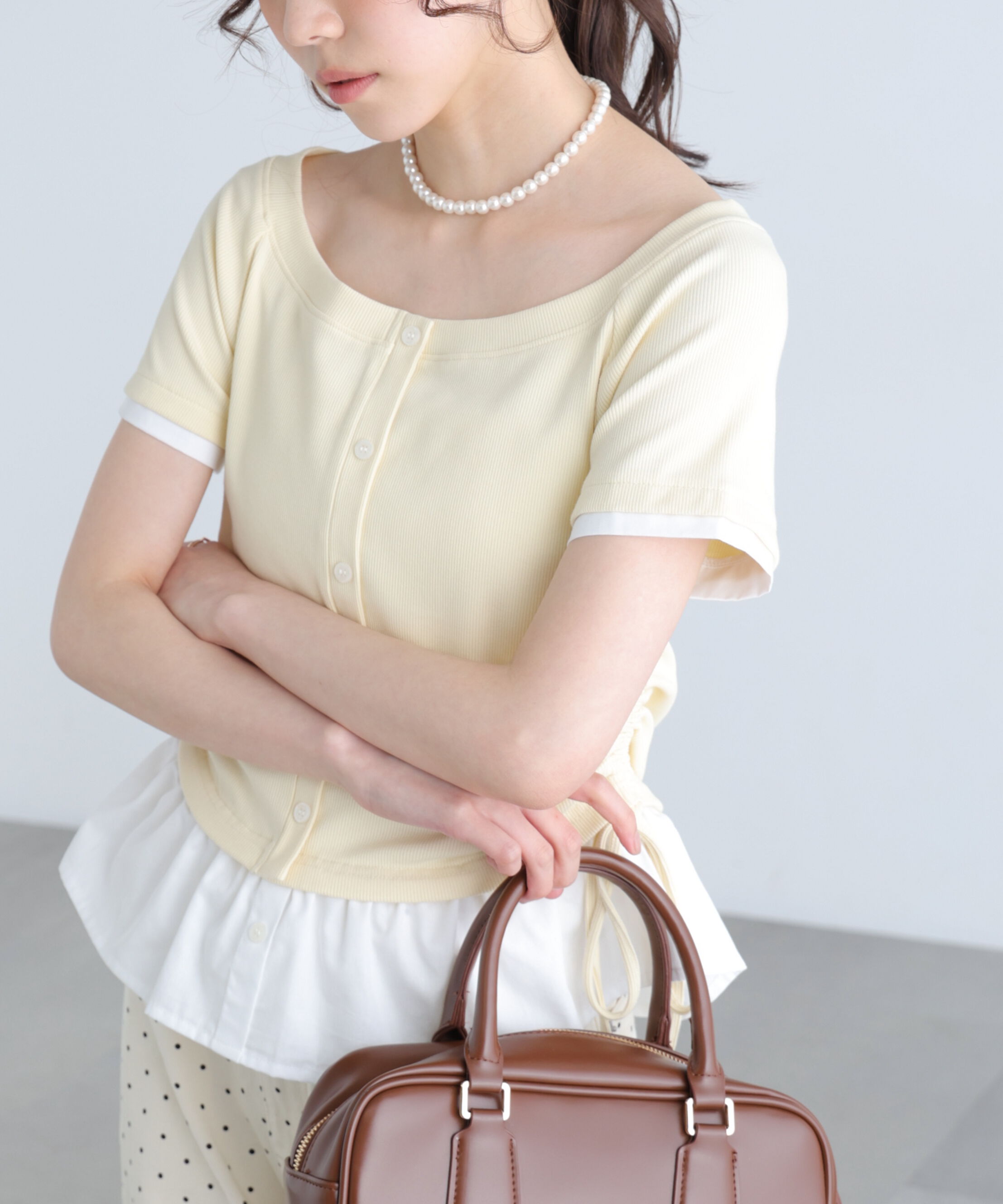  「布帛ドッキングサイドシャーリング半袖カットソー」|Tシャツ・カットソー|