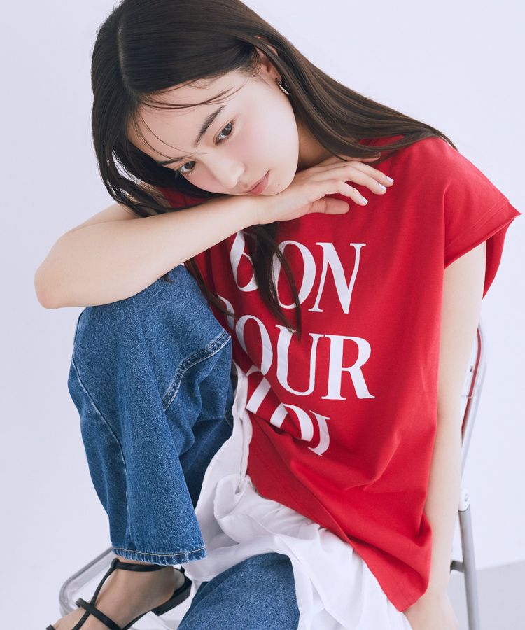 earth music&ecology「フレンチスリーブプリントTシャツ」|Tシャツ・カットソー|Red