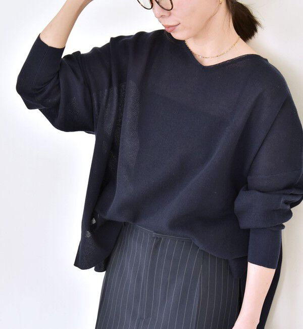 quaranciel「quaranciel:〈手洗い可能〉シアー 2way Vネック ドルマン ニット プルオーバー」|ニット・セーター|ネイビー