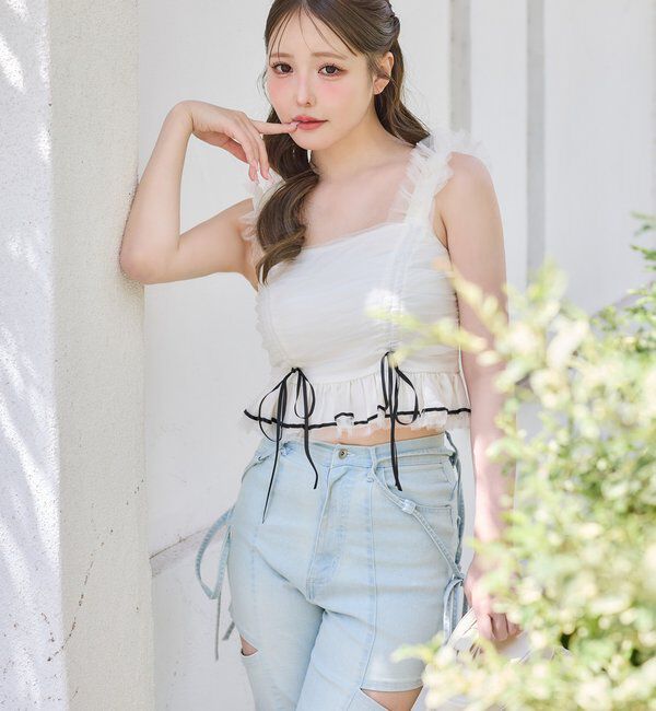 「【 XS/S/Mサイズ展開】サイドスリットリボン美脚デニムパンツ」|その他|