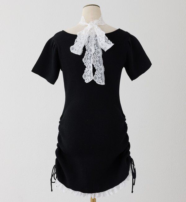  「 【Lace Collection】ドロストニットミニワンピース」|ワンピース|