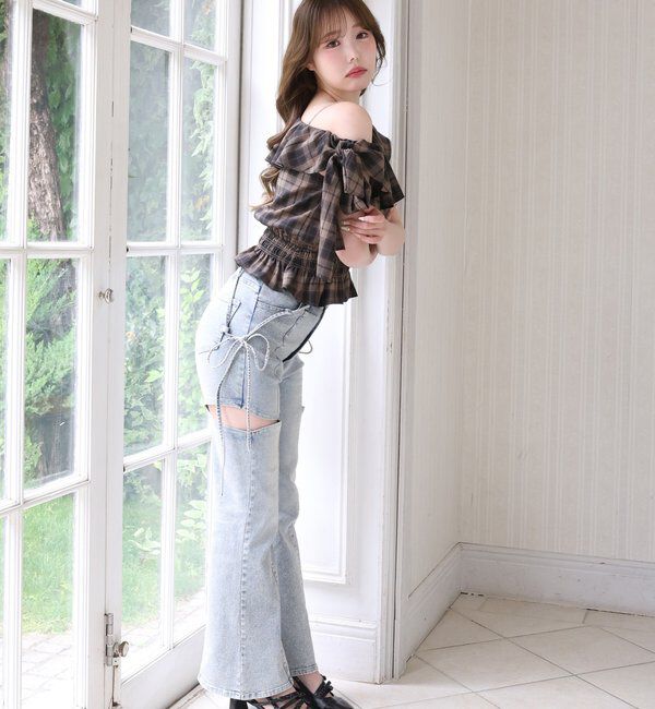  「【 XS/S/Mサイズ展開】サイドスリットリボン美脚デニムパンツ」|その他|