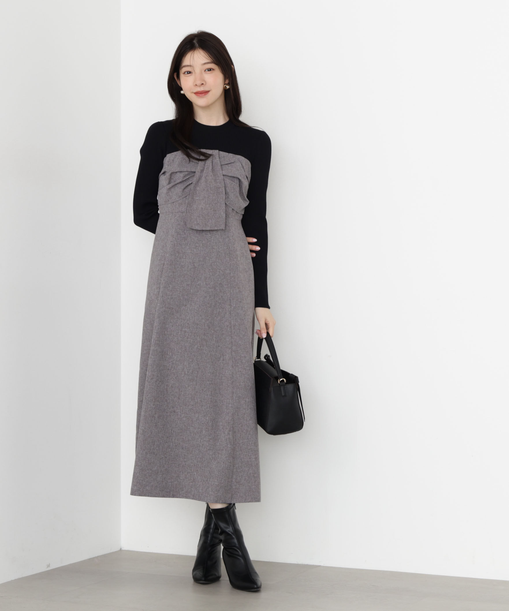 PROPORTION BODY DRESSING「フロントリボンドッキングワンピース 25AW」|ワンピース|ブラック&times;ブラ
