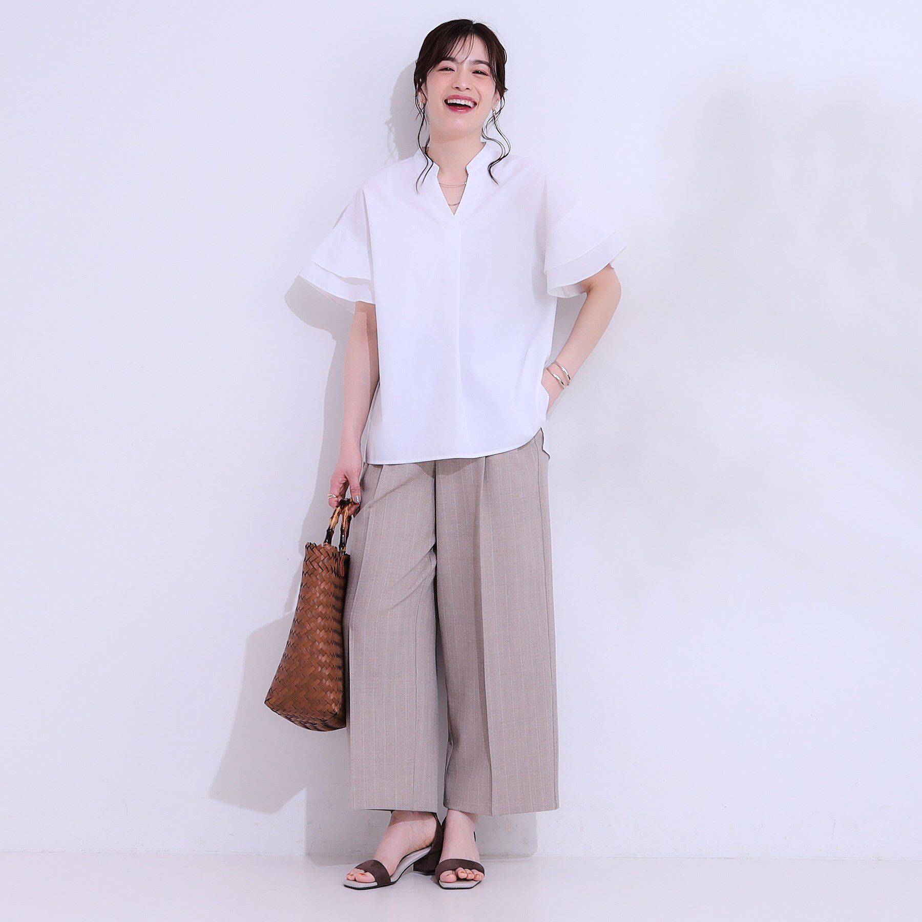 SHOO･LA･RUE「【洗える/S-LL】袖フリルスキッパーシャツ」|シャツ・ブラウス|