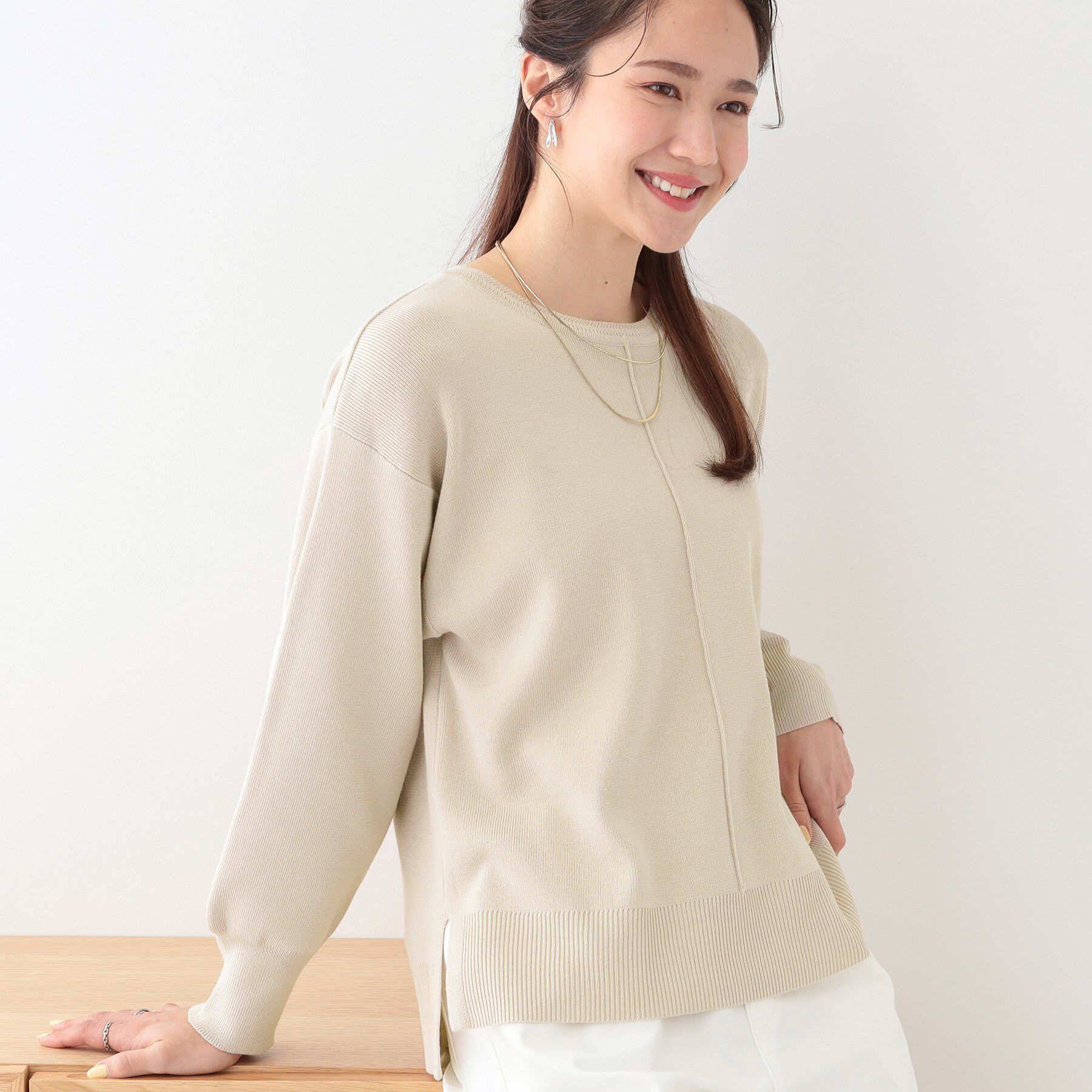 SHOO･LA･RUE「【S-LL/セットアップ可】インせず着られる さらっとなめらかニット」|ニット・セーター|ライトベージュ(05