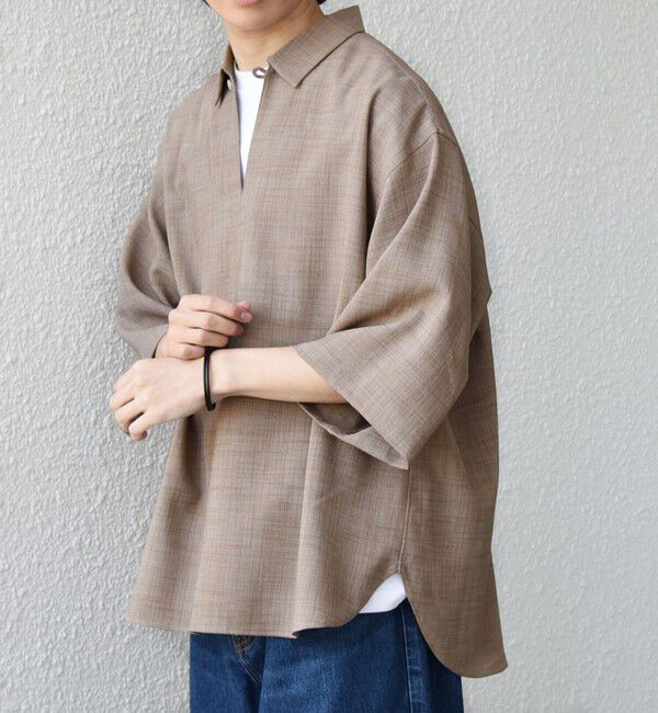 SHIPS any「SHIPS any:〈UVカット〉FUTURE LINEN CANVAS リネンライク スキッパー プルオーバーシャツ◆」|シャツ・ブラウス|ブラウン