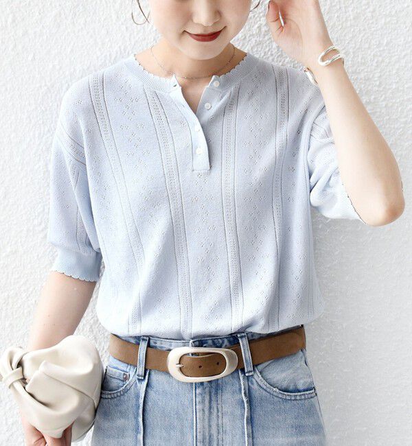 SHIPS for women「《予約》【WEB限定】〈手洗い可能〉ペーパー ヘンリーネック アイレット ニット」|ニット・セーター|