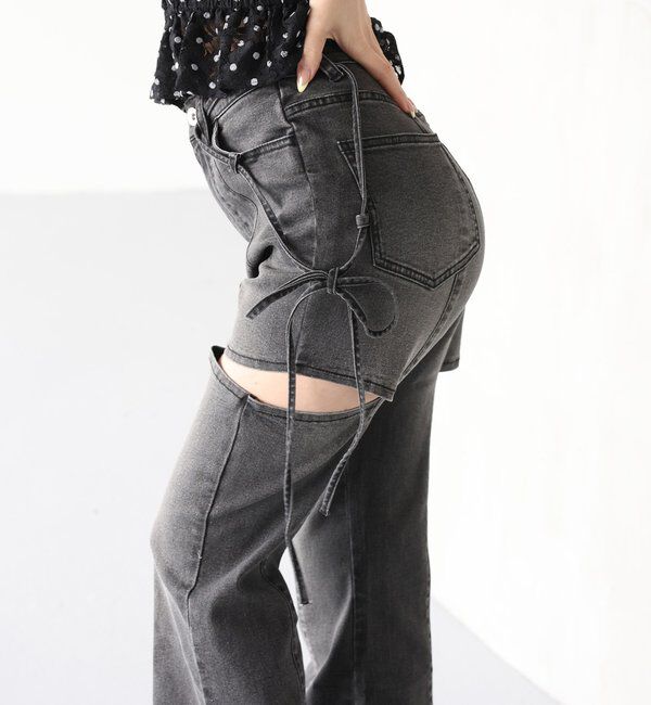  「【 XS/S/Mサイズ展開】サイドスリットリボン美脚デニムパンツ」|その他|