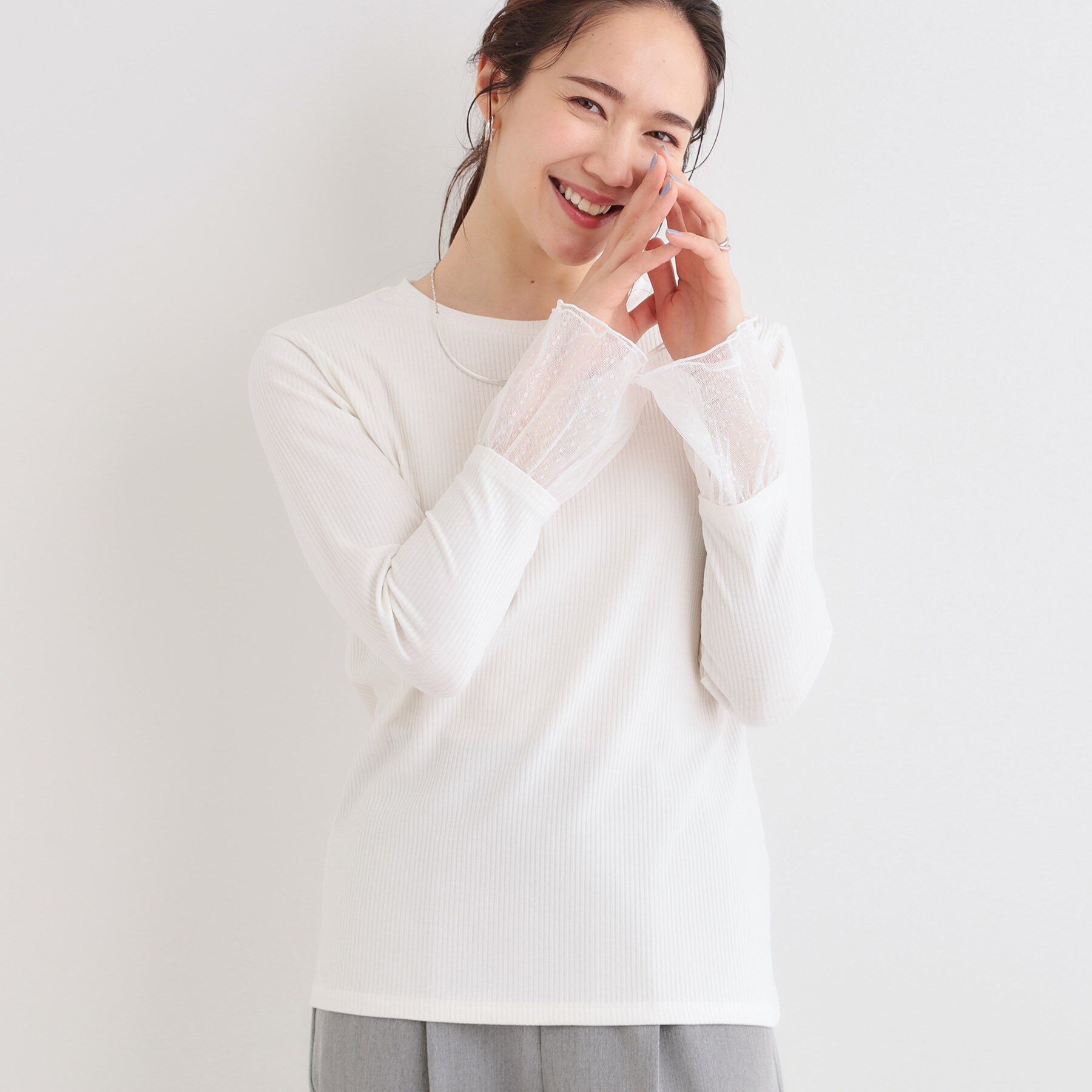 SHOO･LA･RUE「【S-LL】重ね着コーデで差をつける お袖チュールリブトップス」|Tシャツ・カットソー|ホワイト(001)