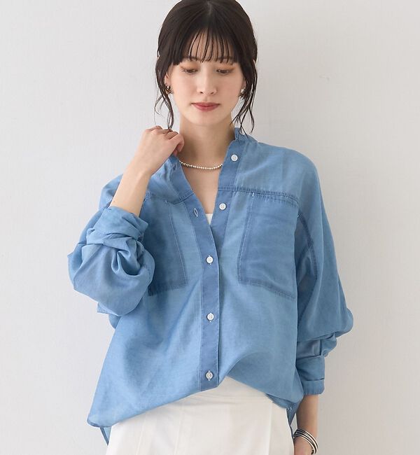 Rouge vif「【追加】シアーデニムスタンドネックシャツ/バンドカラーシャツ【予約】」|シャツ・ブラウス|インディゴ