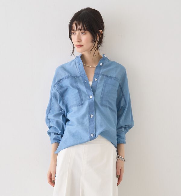 Rouge vif「【追加】シアーデニムスタンドネックシャツ/バンドカラーシャツ【予約】」|シャツ・ブラウス|