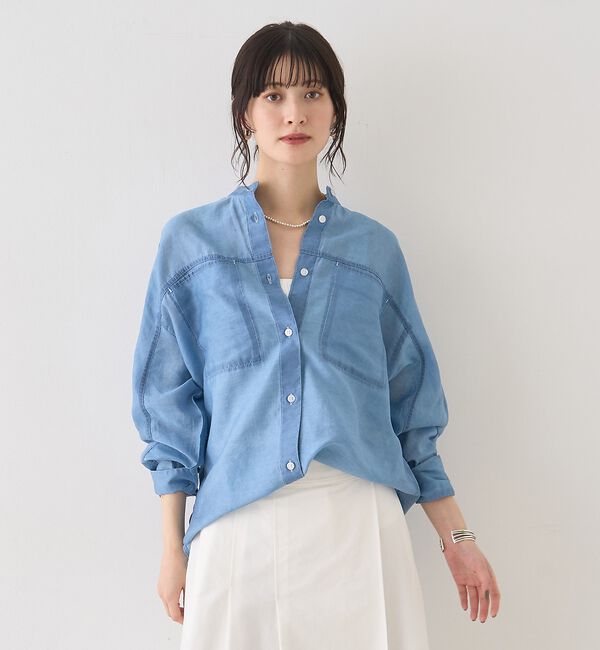 Rouge vif「【追加】シアーデニムスタンドネックシャツ/バンドカラーシャツ【予約】」|シャツ・ブラウス|