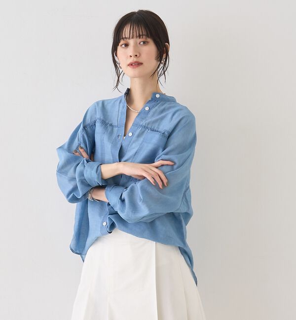 Rouge vif「【追加】シアーデニムスタンドネックシャツ/バンドカラーシャツ【予約】」|シャツ・ブラウス|