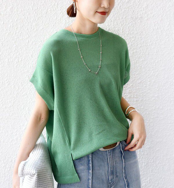 SHIPS for women「《予約》【WEB限定】シアー ワッフル スリット TEE」|Tシャツ・カットソー|グリーン
