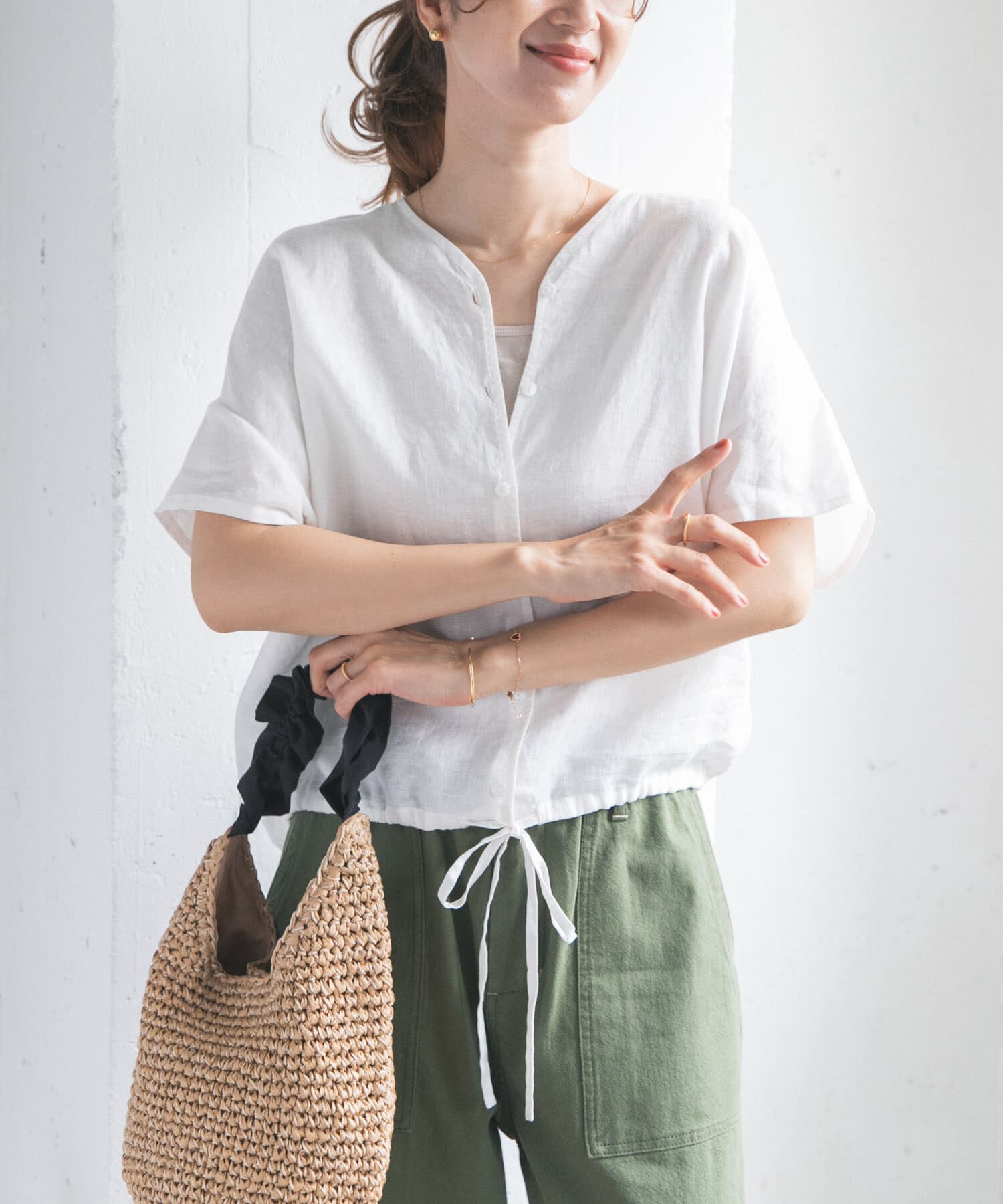 URBAN RESEARCH DOORS「リネンフレンチスリーブドロストブラウス」|シャツ・ブラウス|