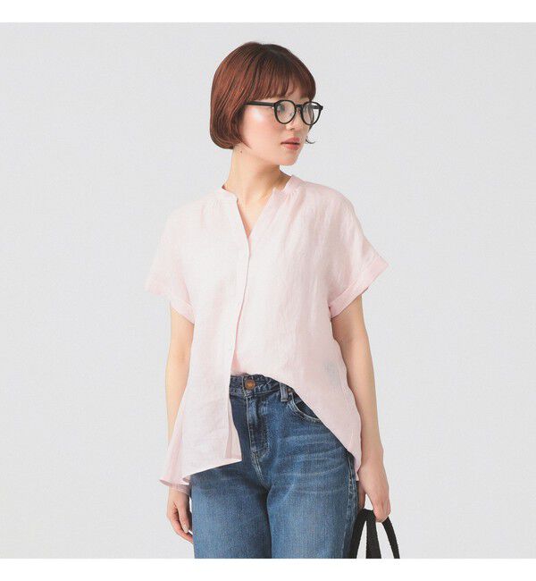 Ray BEAMS 「リネン スタンドカラー フレンチスリーブ シャツ」|シャツ・ブラウス|PINK