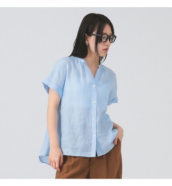 Ray BEAMS 「リネン スタンドカラー フレンチスリーブ シャツ」|シャツ・ブラウス|BLUE