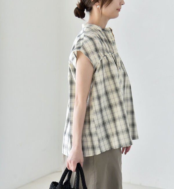 quaranciel「《予約》quaranciel:〈手洗い可能〉チェック ギャザー バンドカラー フレンチ シャツ」|シャツ・ブラウス|