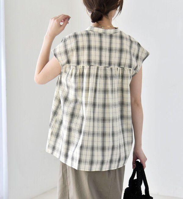quaranciel「《予約》quaranciel:〈手洗い可能〉チェック ギャザー バンドカラー フレンチ シャツ」|シャツ・ブラウス|