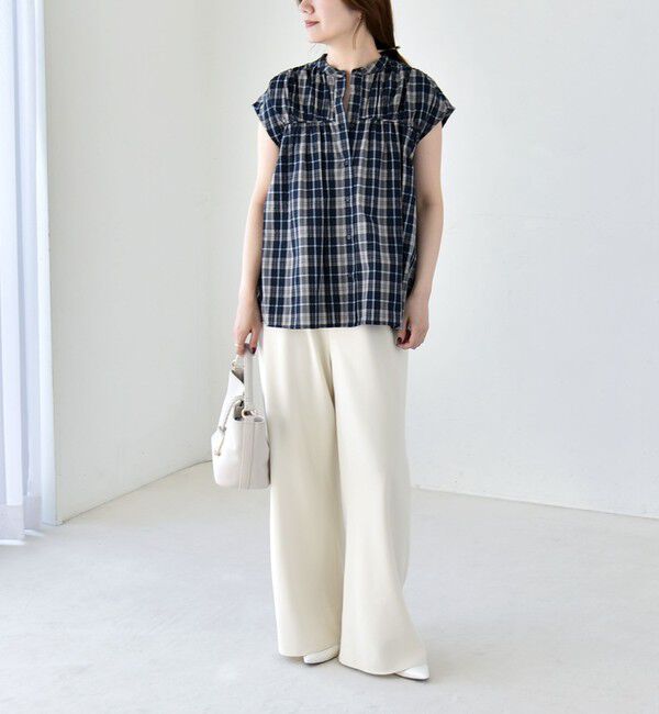 quaranciel「《予約》quaranciel:〈手洗い可能〉チェック ギャザー バンドカラー フレンチ シャツ」|シャツ・ブラウス|