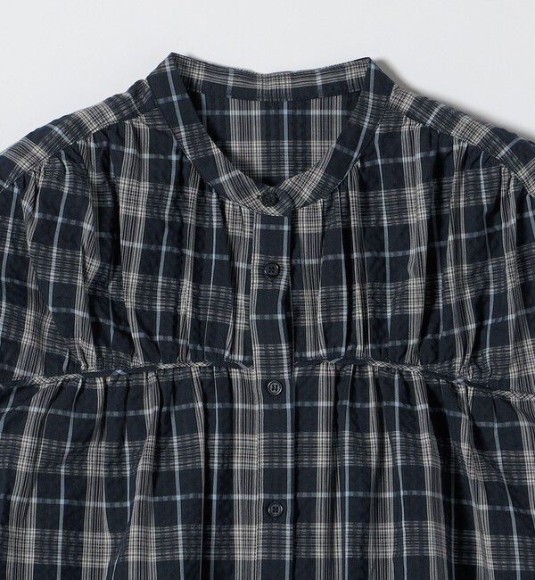 quaranciel「《予約》quaranciel:〈手洗い可能〉チェック ギャザー バンドカラー フレンチ シャツ」|シャツ・ブラウス|