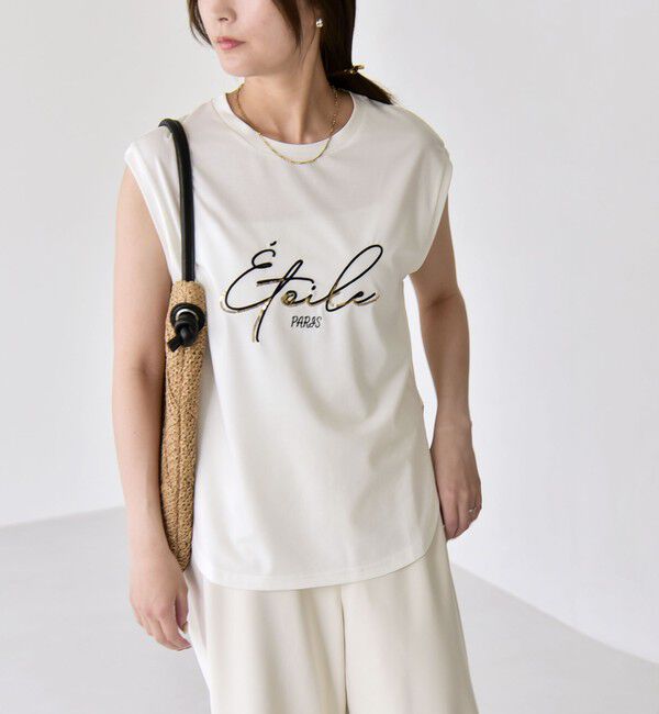 quaranciel「《予約》quaranciel:〈洗濯機可能〉スパンコール ロゴ 刺繍 フレンチスリーブ TEE」|Tシャツ・カットソー|