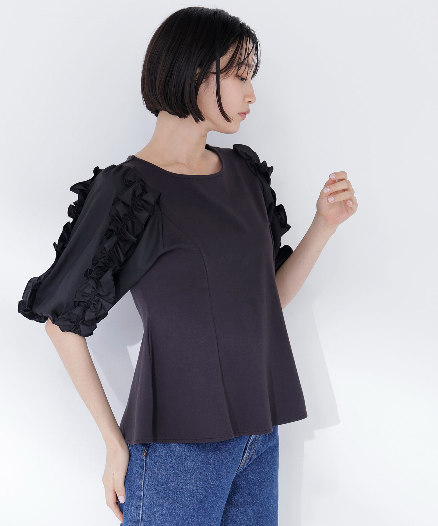  「フリルスリーブドッキングカットソー」|Tシャツ・カットソー|