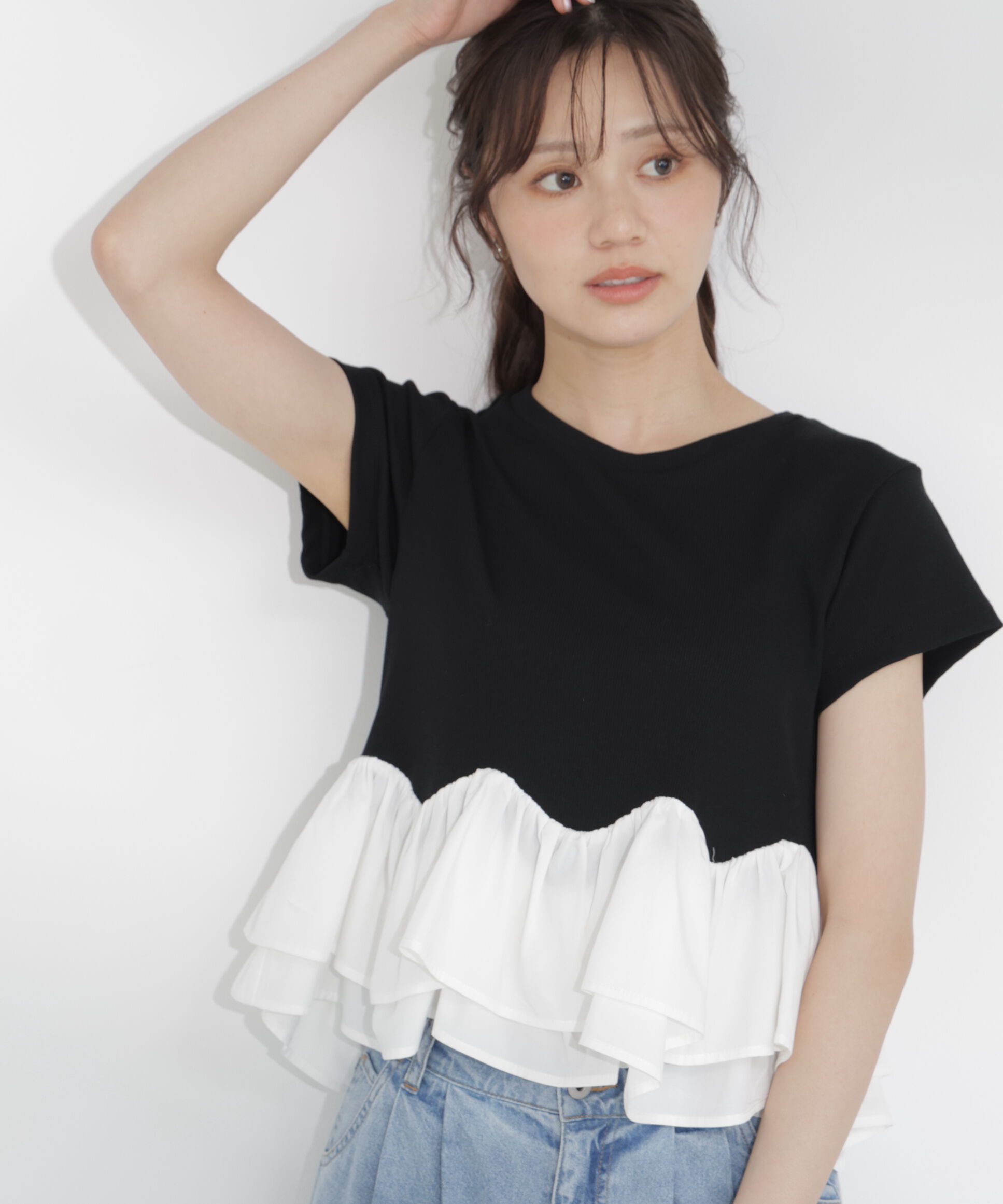 PROPORTION BODY DRESSING「〈a/mie〉ホイップフリルTシャツ」|Tシャツ・カットソー|ブラック&times;ホワ