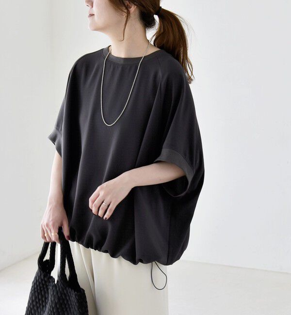 quaranciel「《予約》quaranciel:〈手洗い可能〉ジョーゼット ハーフスリーブ ドロスト ルーズ ブラウス」|シャツ・ブラウス|チャコールグレー