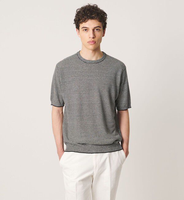 UNITED ARROWS「＜SOVEREIGN＞リネン ボーダー ニットTシャツ」|Tシャツ・カットソー|BLACK