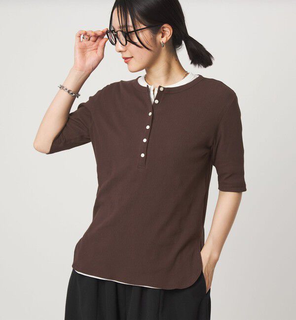 UNITED ARROWS green label relaxing「【WEB限定】＜at ease＞シアーテレコ ヘンリーネック ショートスリーブ カットソー」|Tシャツ・カットソー|DK.BROWN
