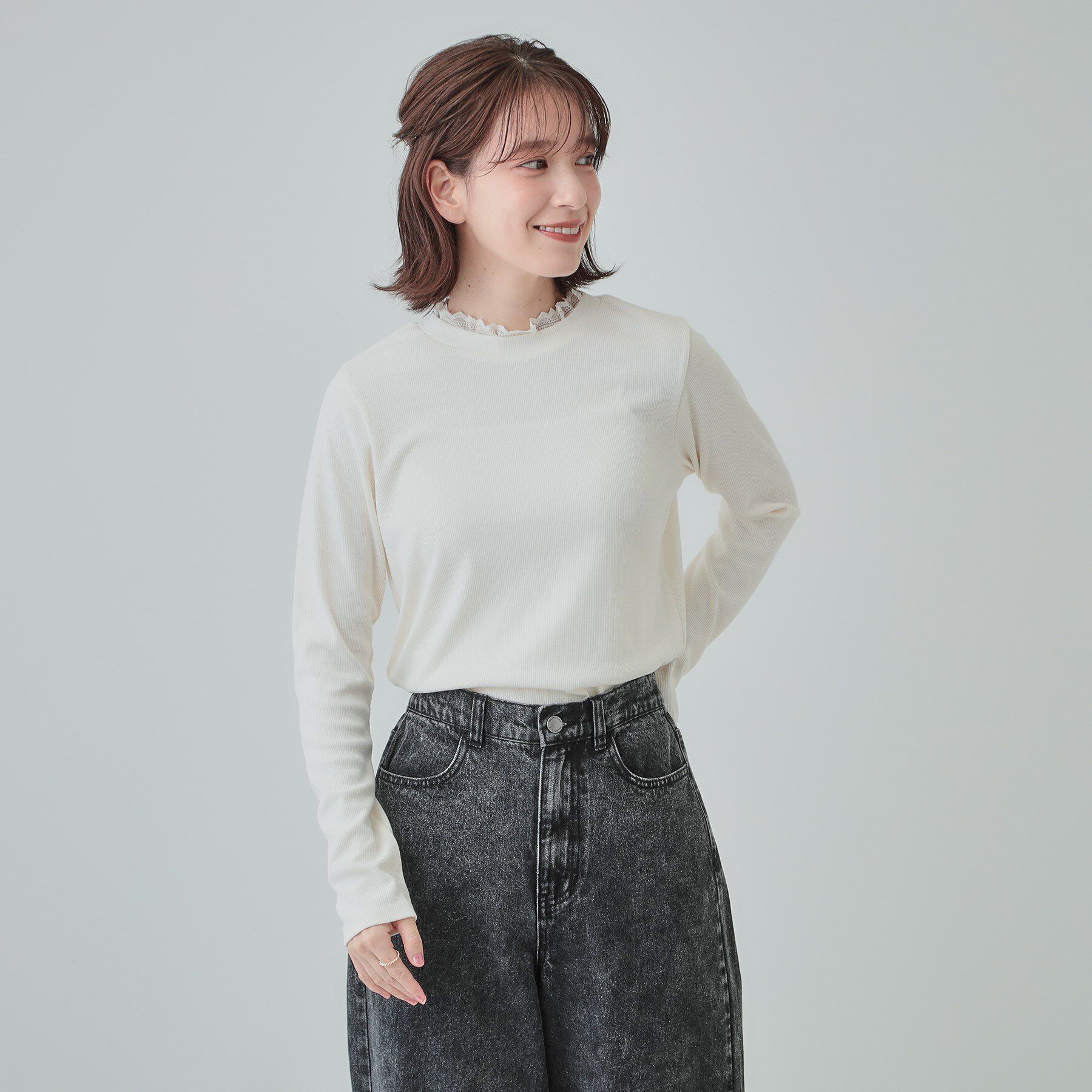 SHOO･LA･RUE「【S-LL】衿レースハイネックリブトップス」|Tシャツ・カットソー|