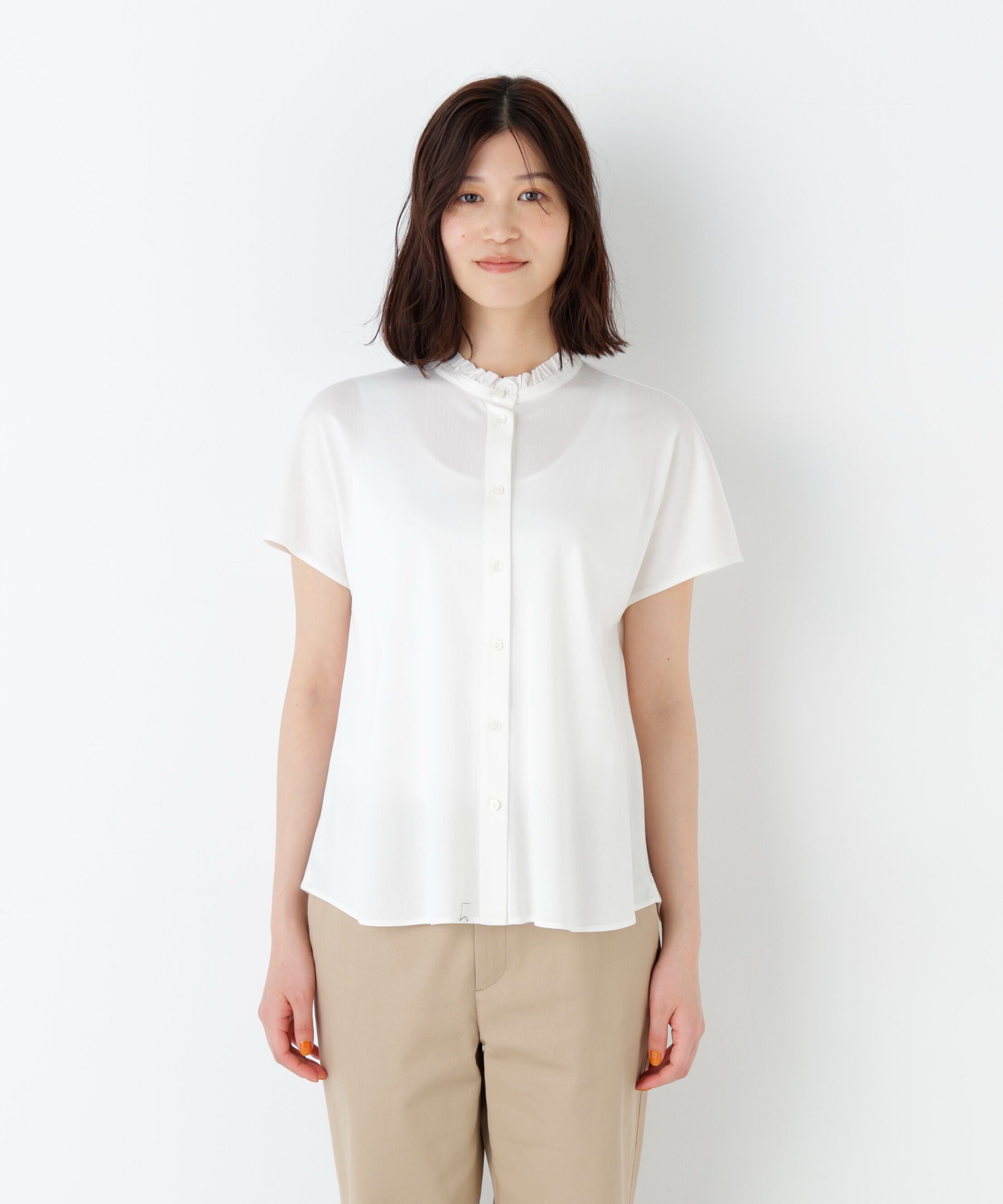  「《洗える》ライトカットソースタンドフリルブラウス」|Tシャツ・カットソー|