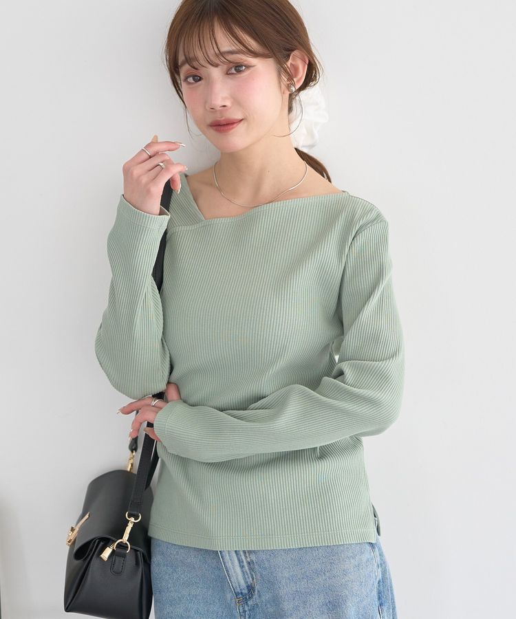 earth music&ecology「アシメネックリブプルオーバー」|Tシャツ・カットソー|Light Green