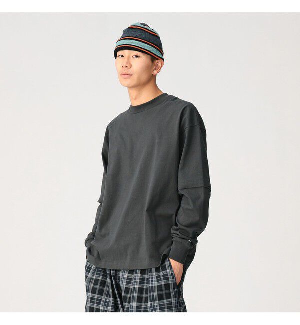 BEAMS「【別注】Champion / フェイク レイヤード ロングスリーブ Tシャツ」|Tシャツ・カットソー|O.BLACK