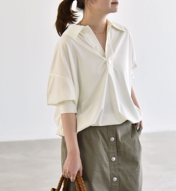 quaranciel「《予約》quaranciel:〈接触冷感/洗濯機可能〉シルク ミックス ポンチ ドロスト ポロ プルオーバー」|Tシャツ・カットソー|