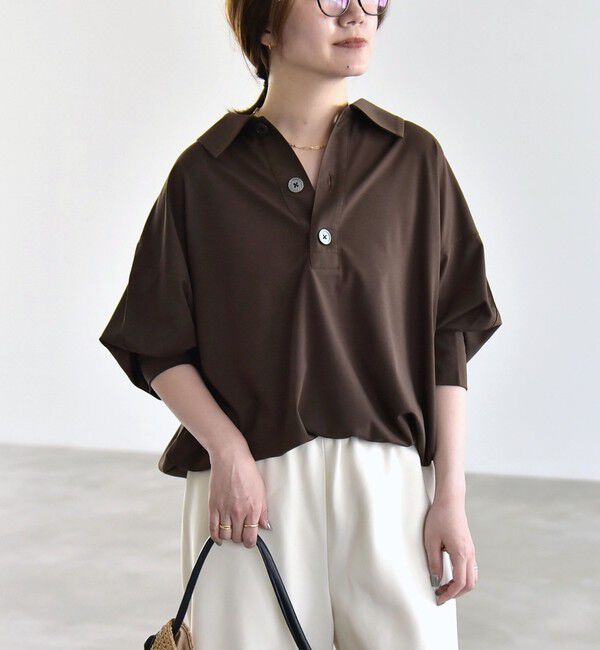 quaranciel「《予約》quaranciel:〈接触冷感/洗濯機可能〉シルク ミックス ポンチ ドロスト ポロ プルオーバー」|Tシャツ・カットソー|